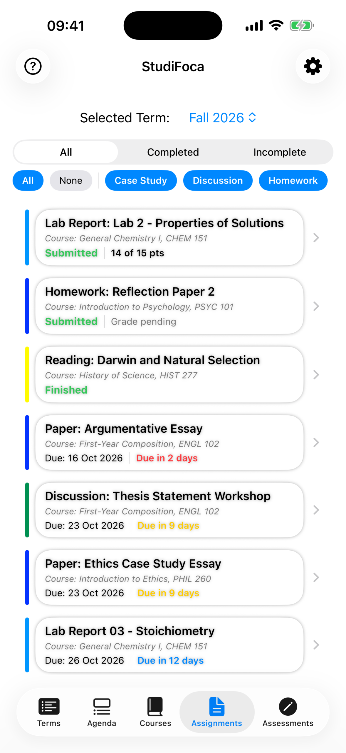 StudiFoca assignments list showing work from every course in one view, each item color-coded by course with its due date and status.