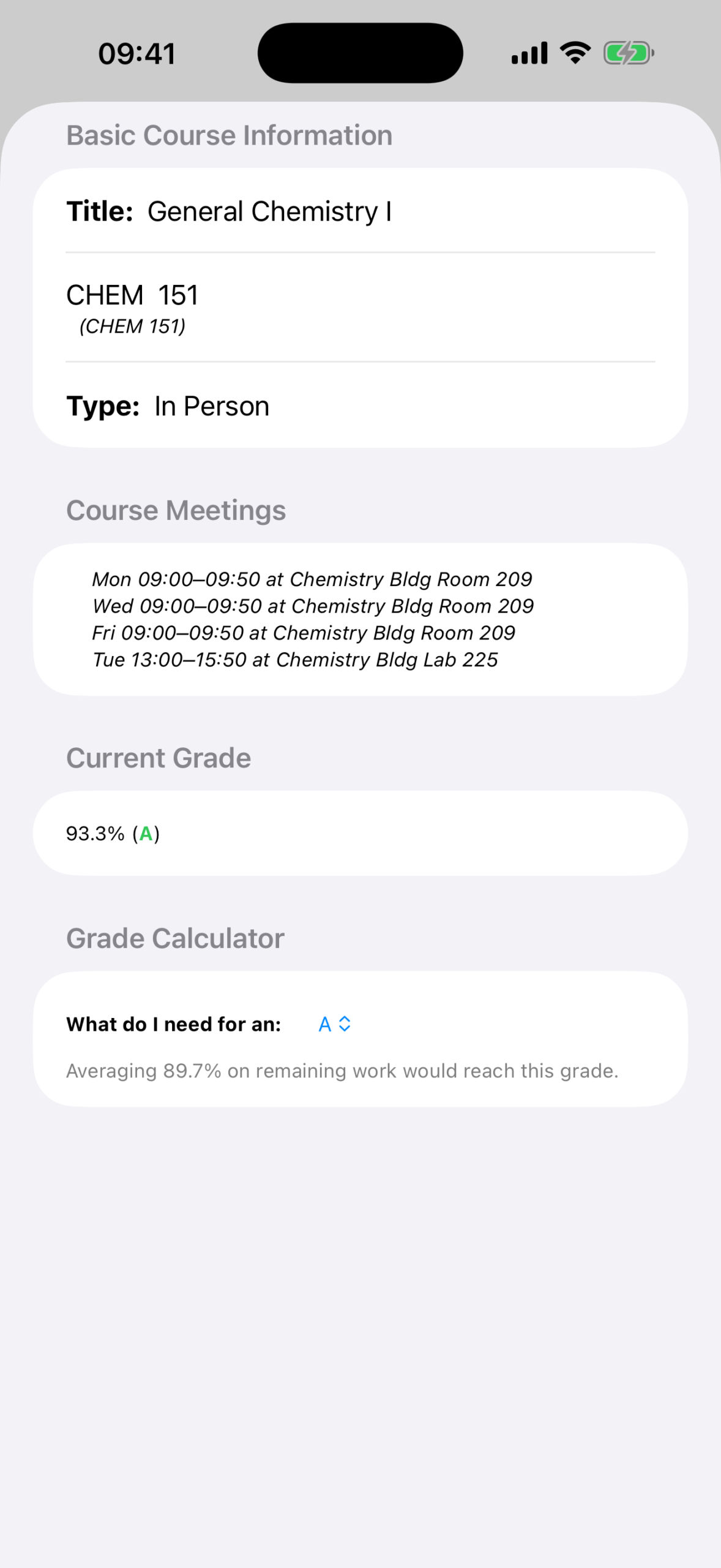 StudiFoca course detail screen showing meeting times, current grade, and a grade calculator working out the average needed on remaining work to reach a target grade.