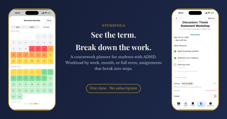 StudiFoca. Two iPhone screens on a dark navy background. Left: a Workload Heat Map with October and November 2026, each day shaded from light to heavy by how much work falls on it, viewable by week, month, or full term. Right: an assignment, "Discussion: Thesis Statement Workshop" for First-Year Composition, due 23 October and worth 10 points, broken into four steps with two checked off. Headline: "See the term. Break down the work." Below it: "A coursework planner for students with ADHD. Workload by week, month, or full term; assignments that break into steps." A badge reads "One-time, no subscription."