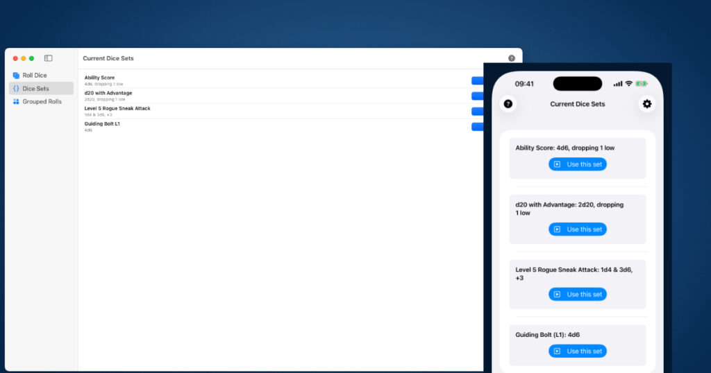 macOS and iOS versions of Die Roller for RPGs 2 showing the synced state of Dice Sets on both devices.